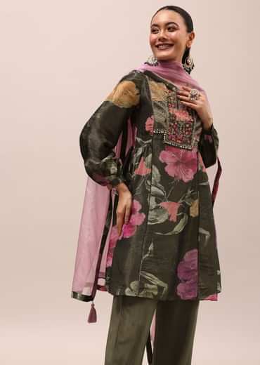 Mehendi Green Embroidered Kurta And Salwar With Dupatta