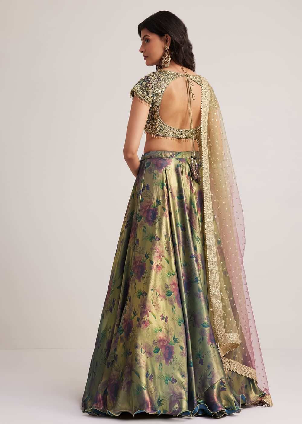 Mehendi Green Floral Printed Satin Lehenga Set
