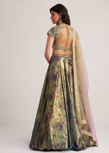 Mehendi Green Floral Printed Satin Lehenga Set