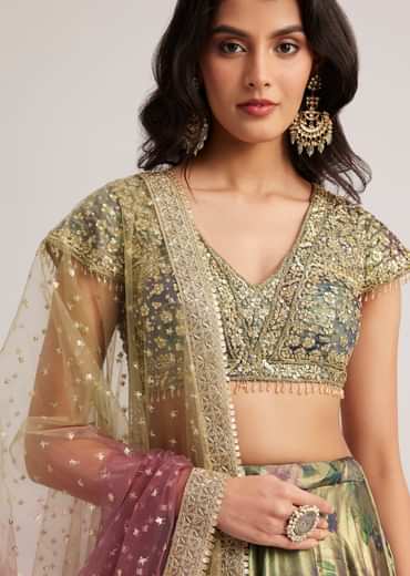 Mehendi Green Floral Printed Satin Lehenga Set