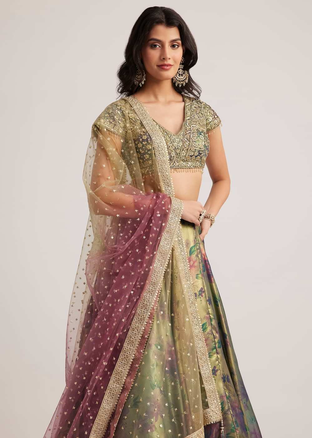 Mehendi Green Floral Printed Satin Lehenga Set