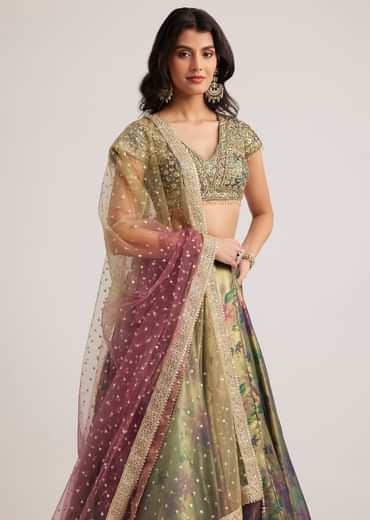 Mehendi Green Floral Printed Satin Lehenga Set