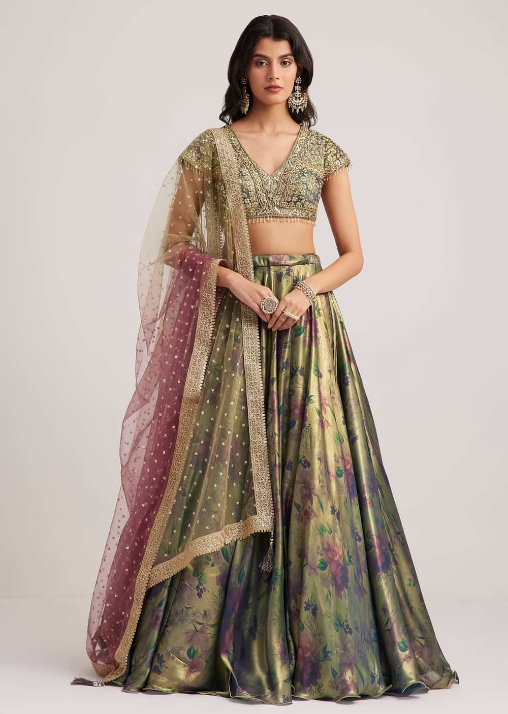 Mehendi Green Floral Printed Satin Lehenga Set