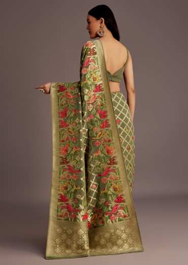 Mehendi Green Georgette Saree With Jaal And Animal-Bird Motifs