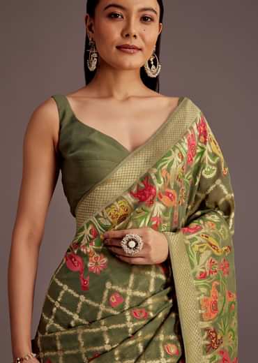 Mehendi Green Georgette Saree With Jaal And Animal-Bird Motifs