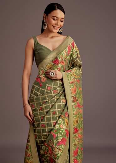 Mehendi Green Georgette Saree With Jaal And Animal-Bird Motifs