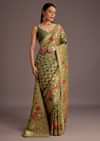 Mehendi Green Georgette Saree With Jaal And Animal-Bird Motifs