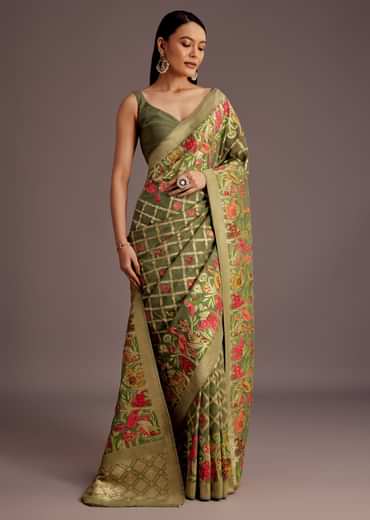 Mehendi Green Georgette Saree With Jaal And Animal-Bird Motifs