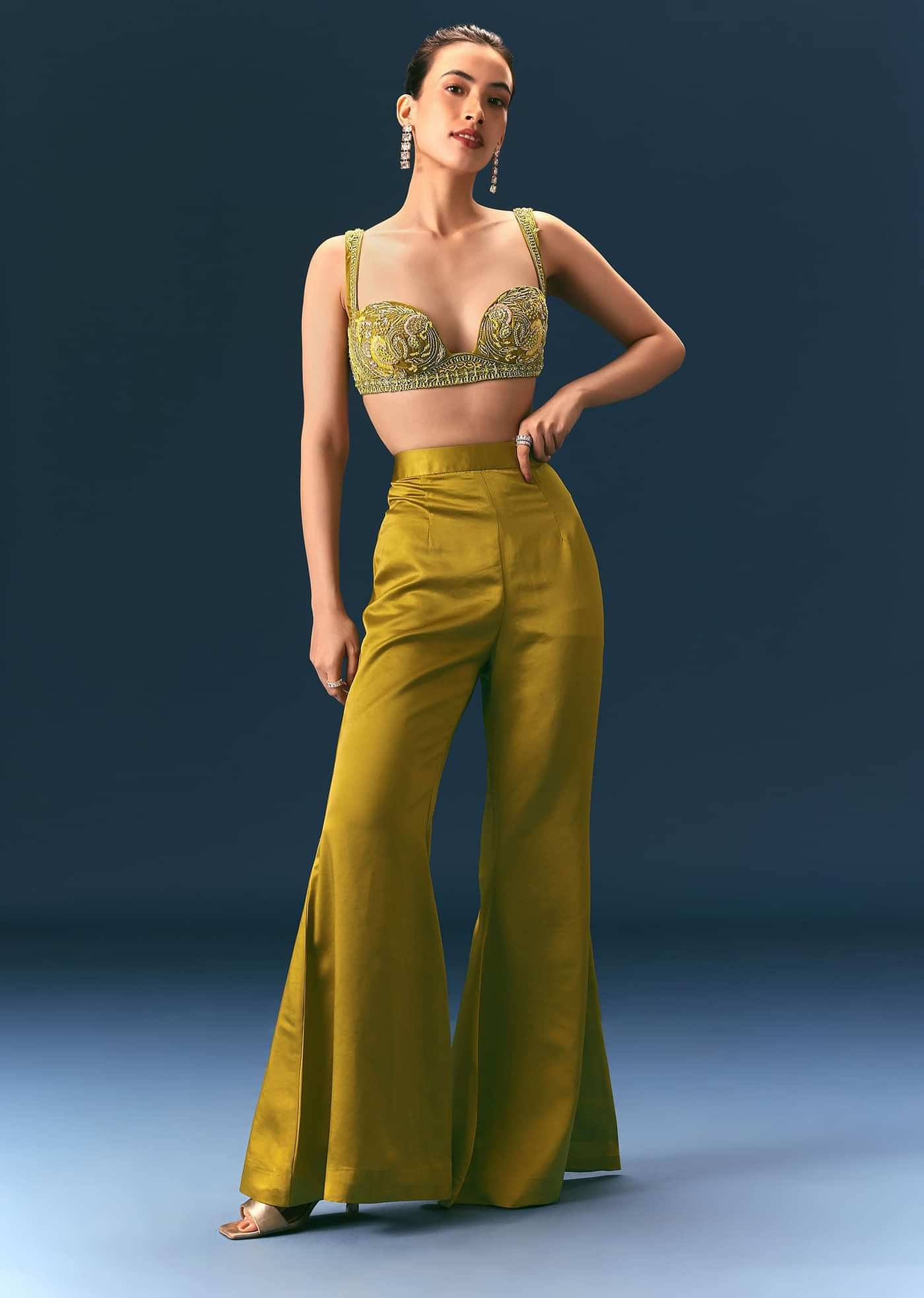 Mehendi Green Hand Embroidered Blouse With Jacket And Bell Bottom Pants