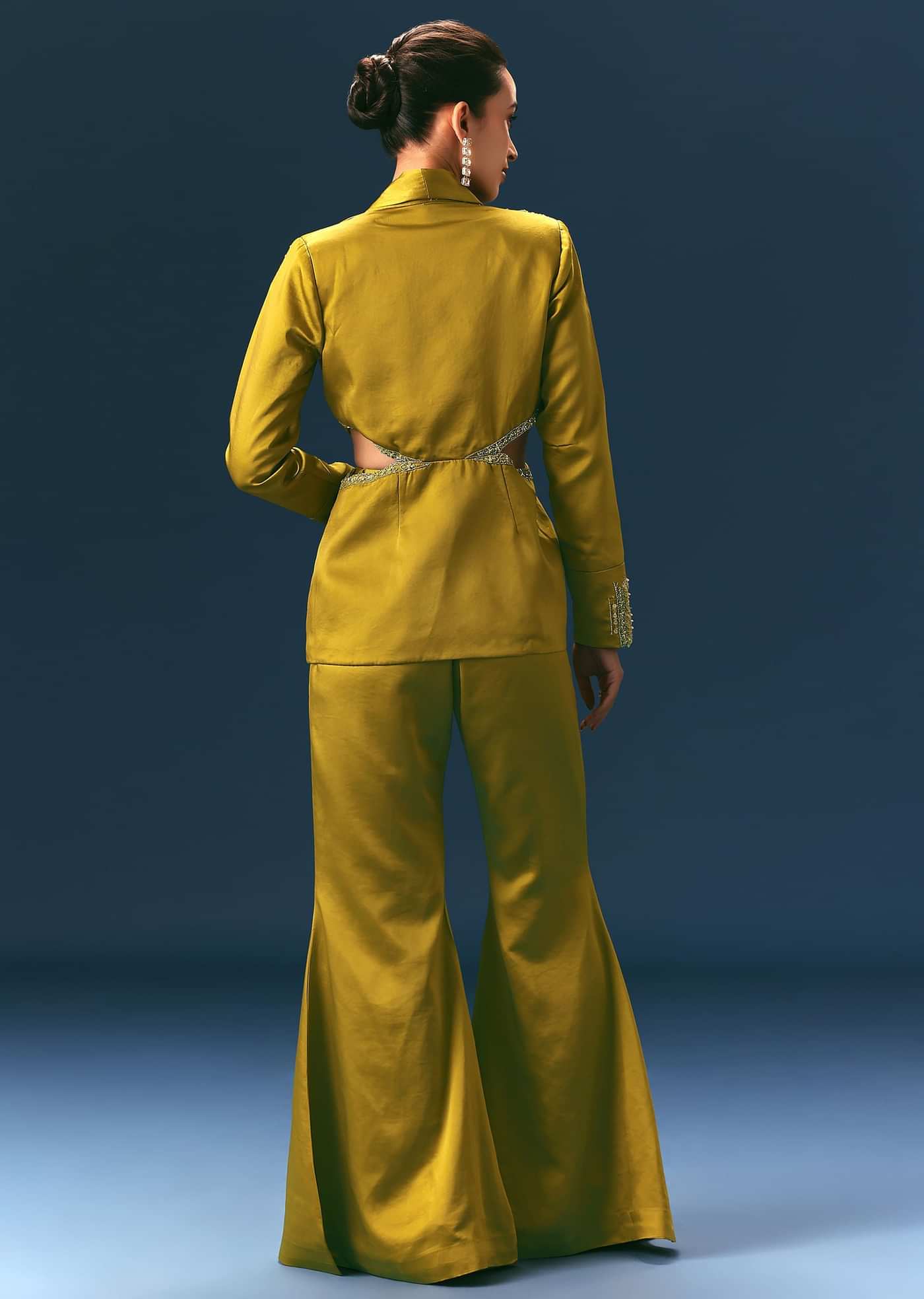 Mehendi Green Hand Embroidered Blouse With Jacket And Bell Bottom Pants