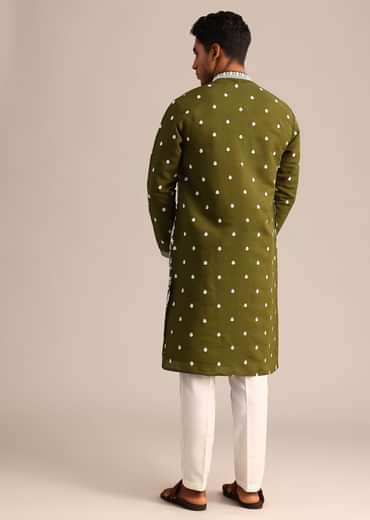Mehendi Green Kurta Set With Floral Resham Embroidery