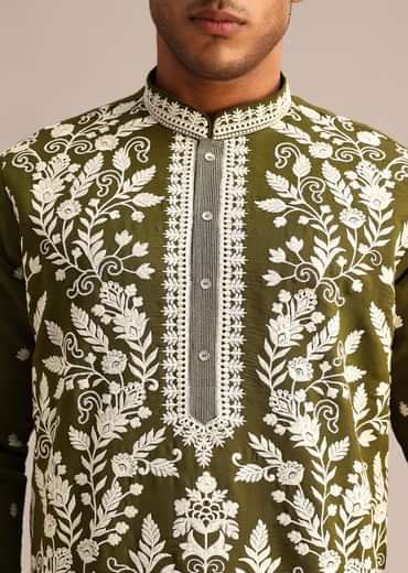 Mehendi Green Kurta Set With Floral Resham Embroidery