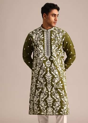 Mehendi Green Kurta Set With Floral Resham Embroidery