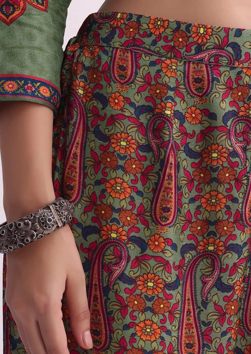 Mehendi Green Sequin Embroidered Silk Kurta With Printed Pant Set