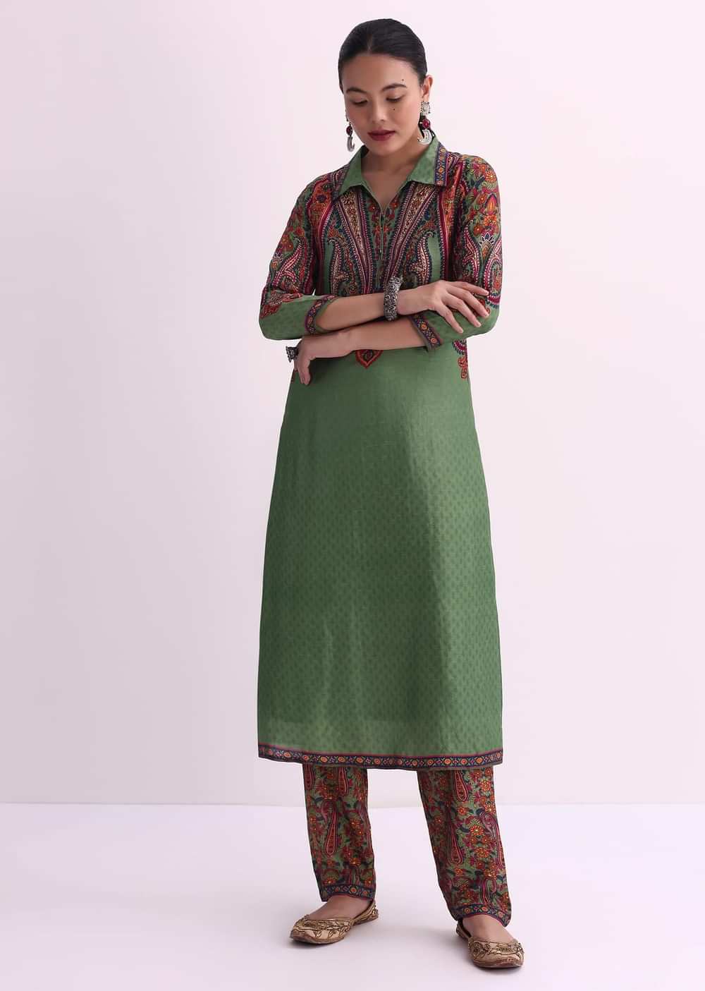 Mehendi Green Sequin Embroidered Silk Kurta With Printed Pant Set