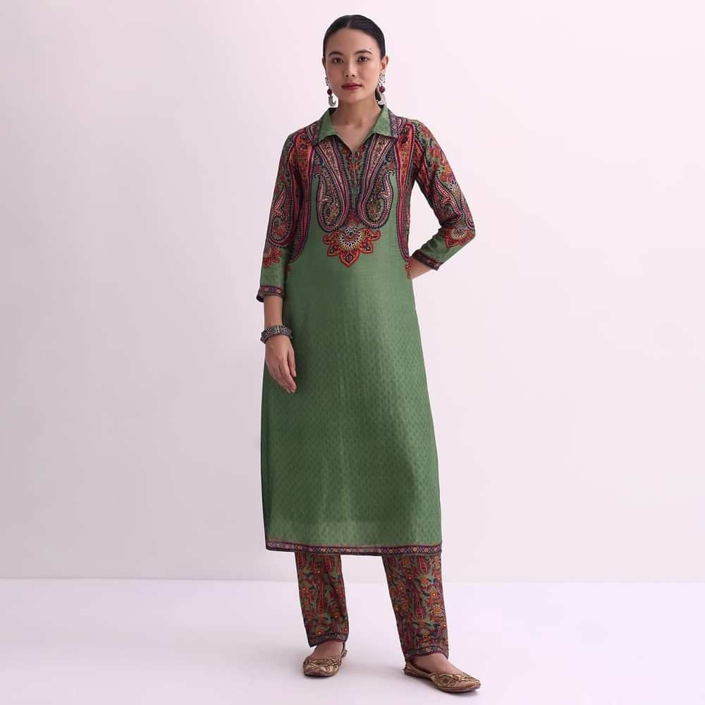 Mehendi Green Sequin Embroidered Silk Kurta With Printed Pant Set
