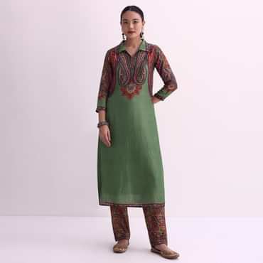 Mehendi Green Sequin Embroidered Silk Kurta With Printed Pant Set