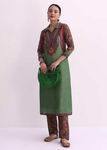 Mehendi Green Sequin Embroidered Silk Kurta With Printed Pant Set