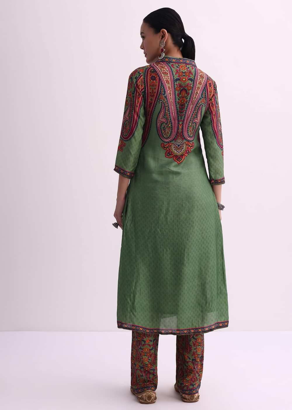 Mehendi Green Sequin Embroidered Silk Kurta With Printed Pant Set