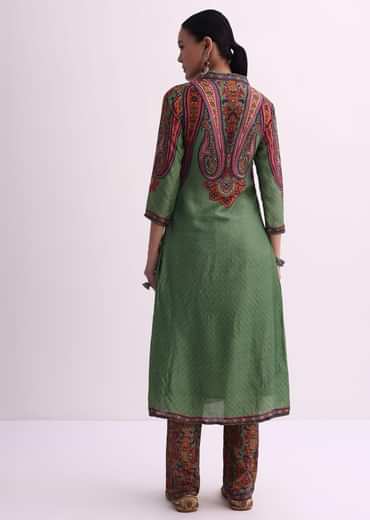 Mehendi Green Sequin Embroidered Silk Kurta With Printed Pant Set