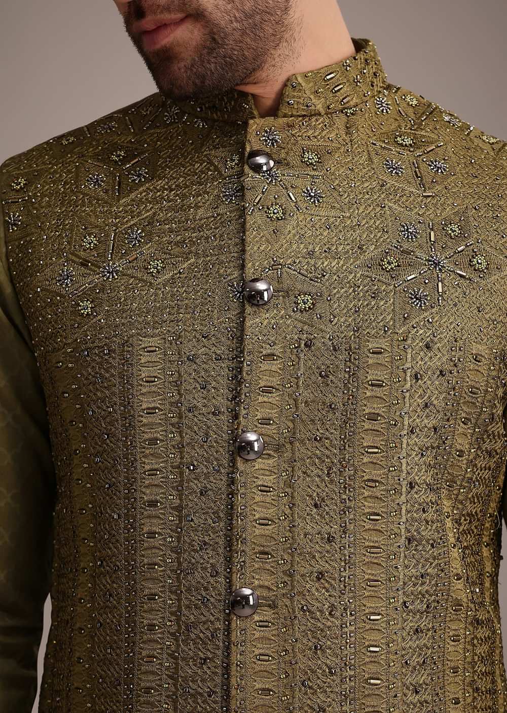 Mehendi Green Silk Kurta Jacket Set With Zardosi And Thread Work