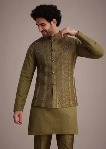 Mehendi Green Silk Kurta Jacket Set With Zardosi And Thread Work