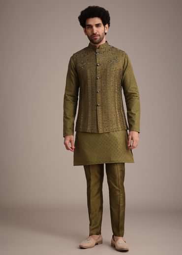 Mehendi Green Silk Kurta Jacket Set With Zardosi And Thread Work