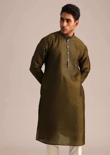 Mehendi Green Silk Kurta Pant Set With Mandarin Collar