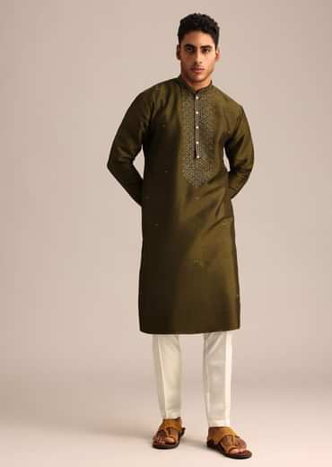 Mehendi Green Silk Kurta Pant Set With Mandarin Collar