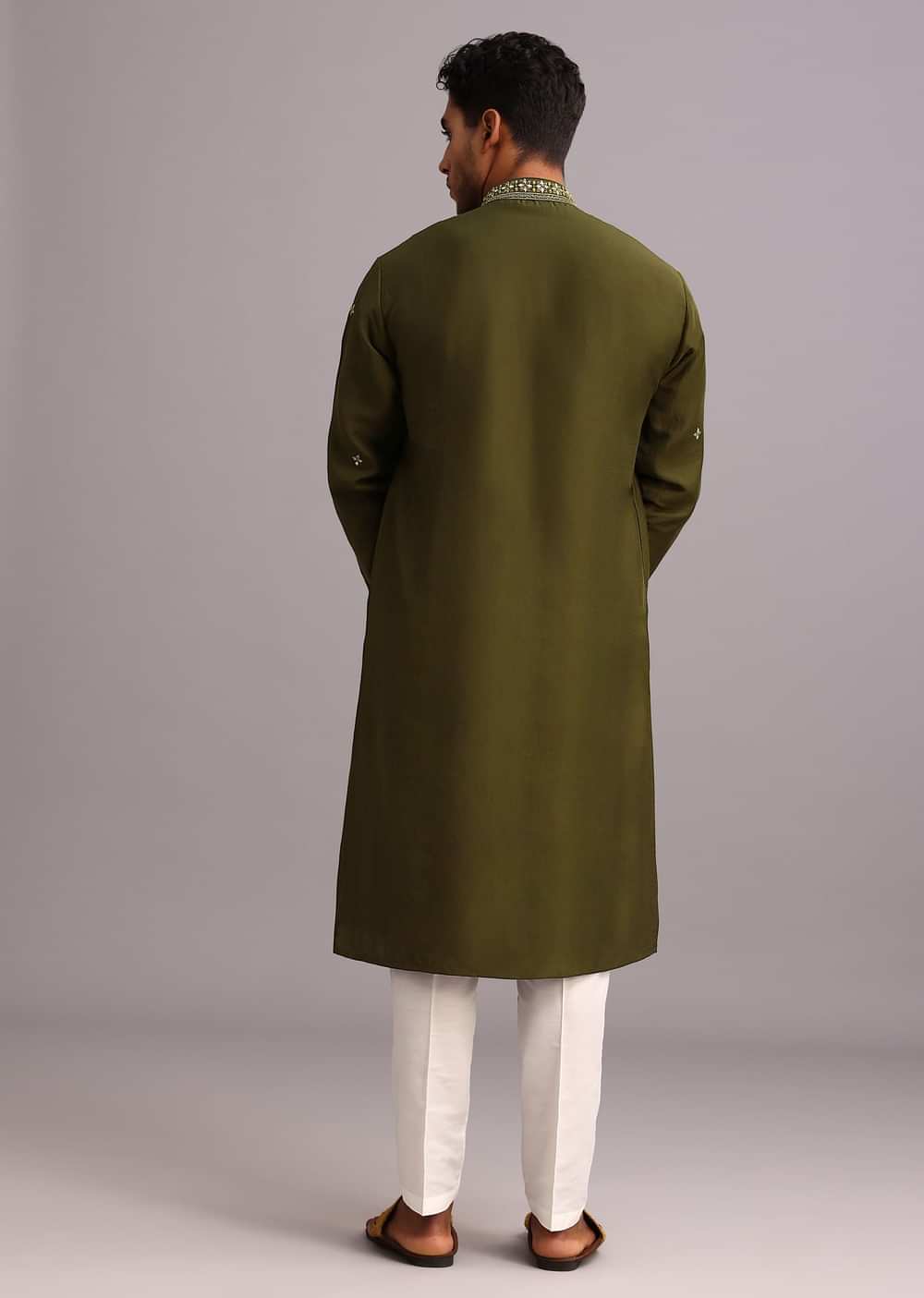 Mehendi Green Silk Kurta Pant Set With Mirror Work