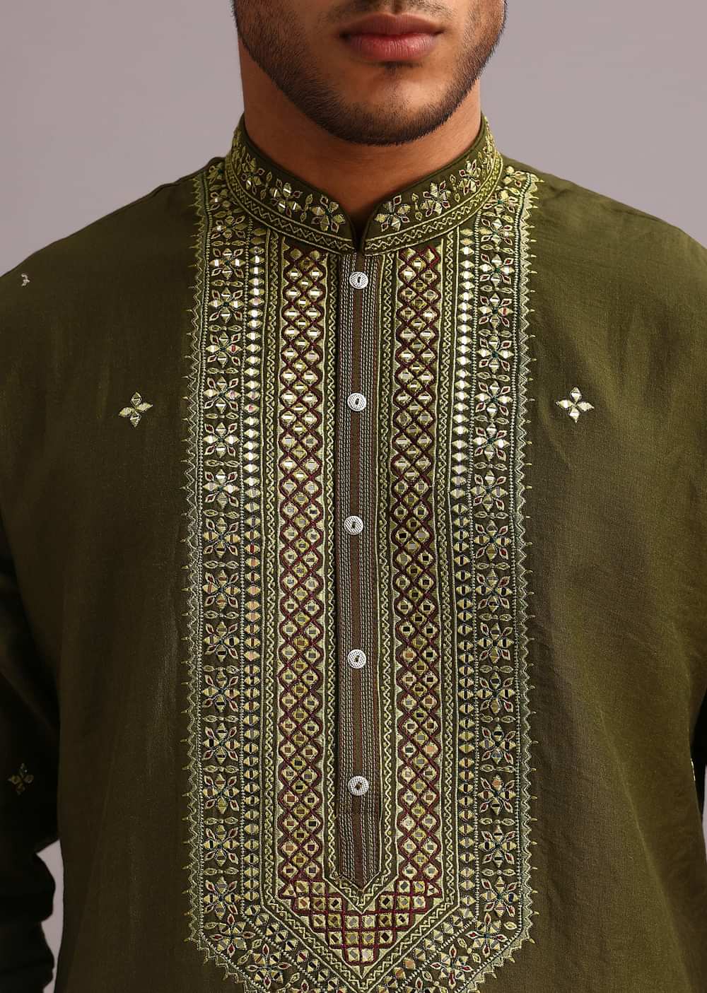 Mehendi Green Silk Kurta Pant Set With Mirror Work