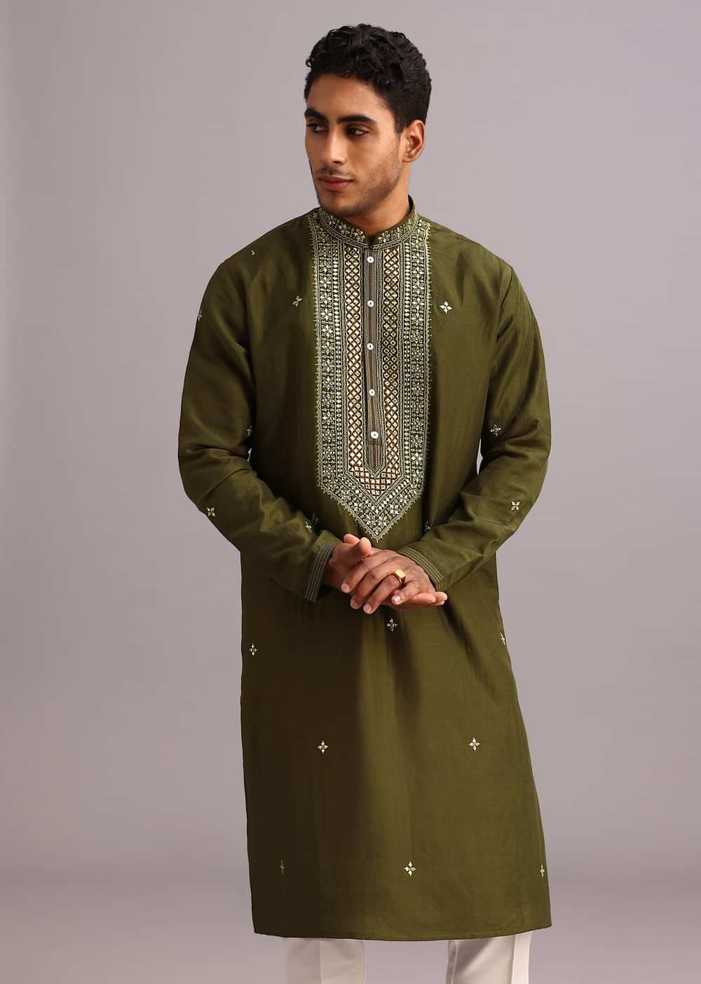 Mehendi Green Silk Kurta Pant Set With Mirror Work