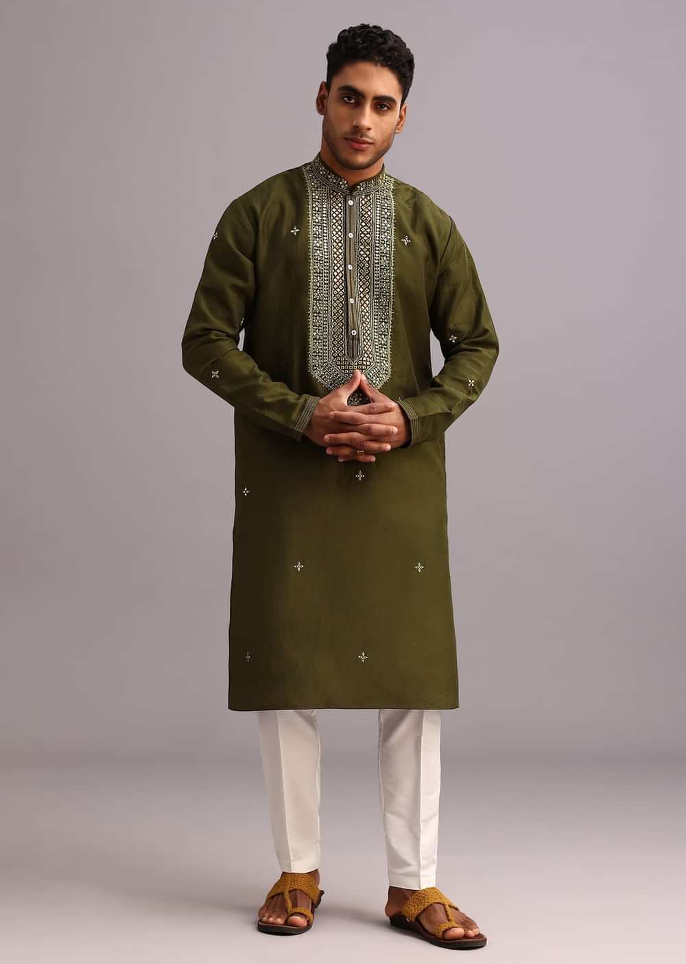 Mehendi Green Silk Kurta Pant Set With Mirror Work