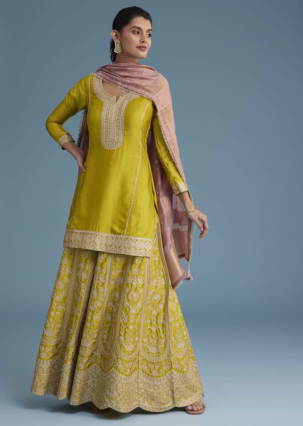 Mehendi Green Silk Palazzo Set With Contrasting Peach Dupatta