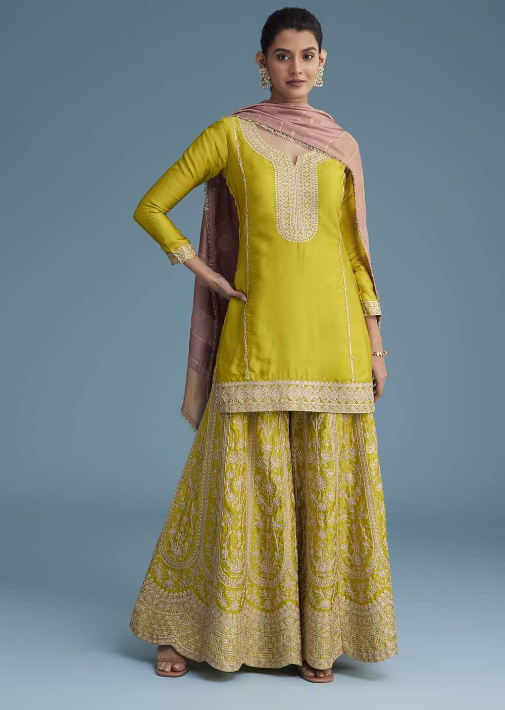 Mehendi Green Silk Palazzo Set With Contrasting Peach Dupatta