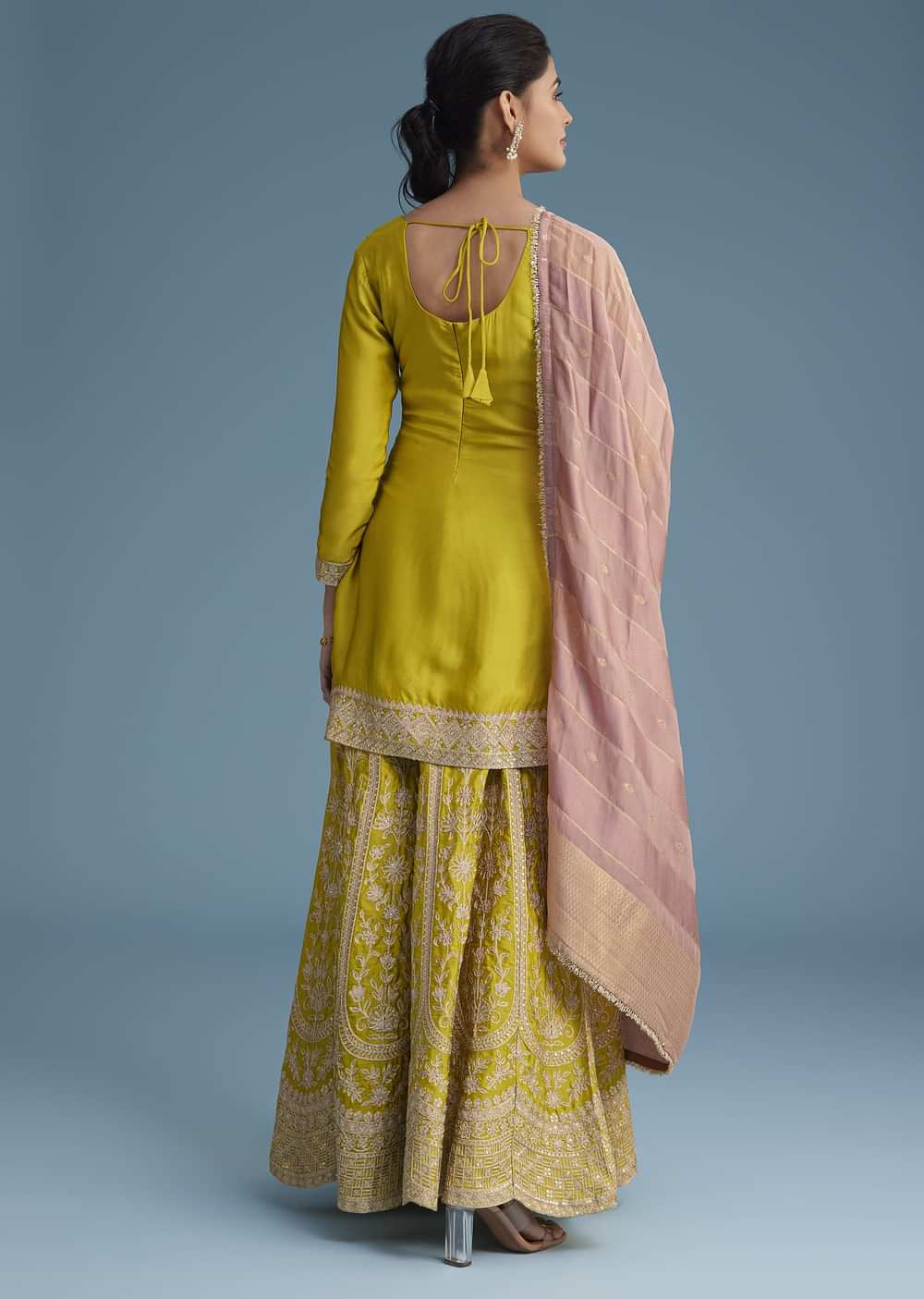 Mehendi Green Silk Palazzo Set With Contrasting Peach Dupatta