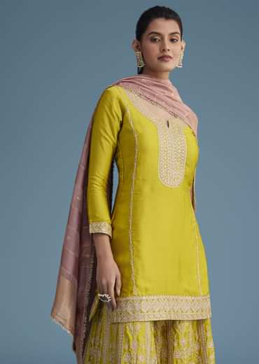 Mehendi Green Silk Palazzo Set With Contrasting Peach Dupatta