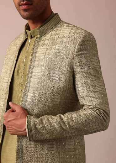 Mehendi Green Silk Sherwani With Intricate Embroidery