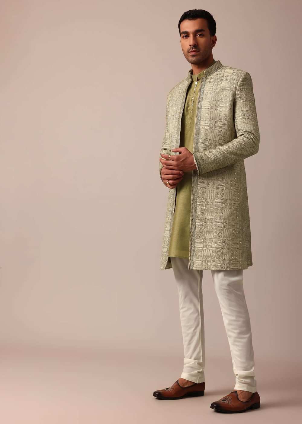 Mehendi Green Silk Sherwani With Intricate Embroidery