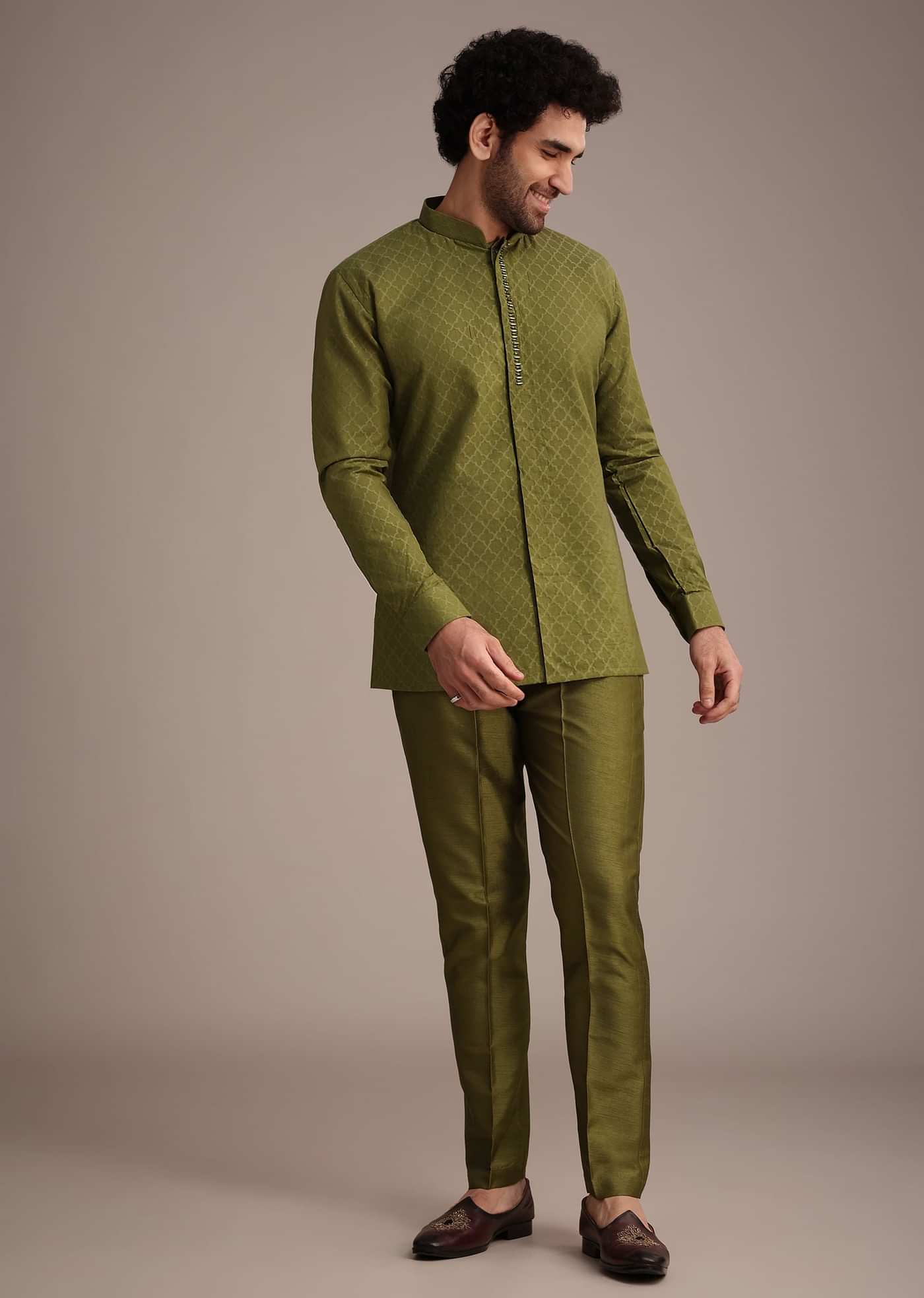 Mehendi Green Silk Zardosi Kurta Jacket Set