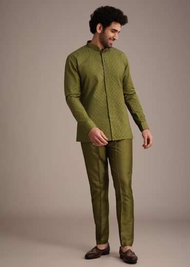 Mehendi Green Silk Zardosi Kurta Jacket Set