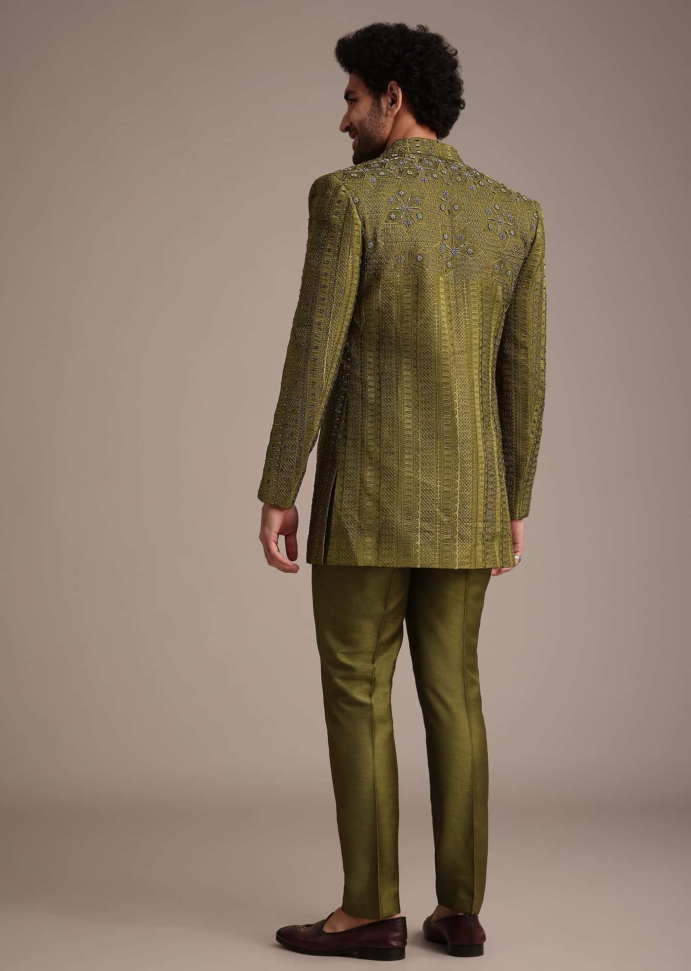 Mehendi Green Silk Zardosi Kurta Jacket Set