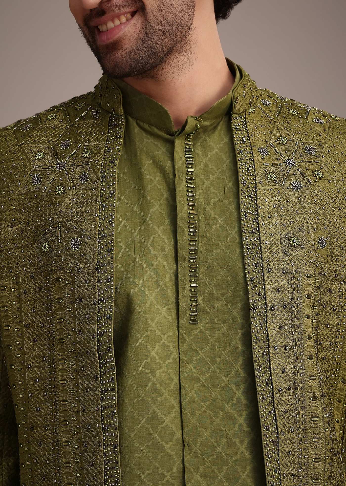 Mehendi Green Silk Zardosi Kurta Jacket Set