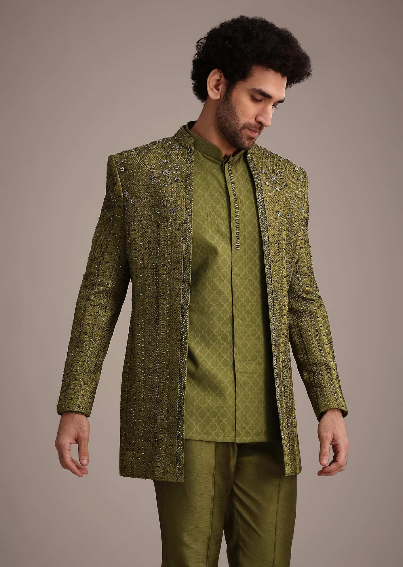 Mehendi Green Silk Zardosi Kurta Jacket Set