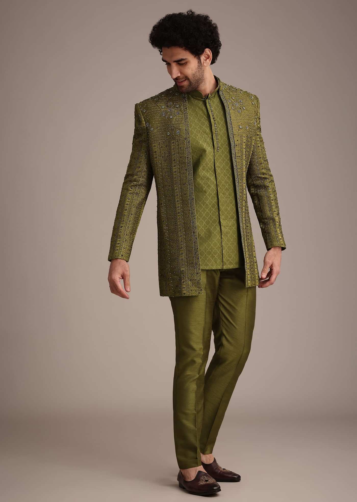 Mehendi Green Silk Zardosi Kurta Jacket Set