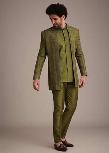Mehendi Green Silk Zardosi Kurta Jacket Set