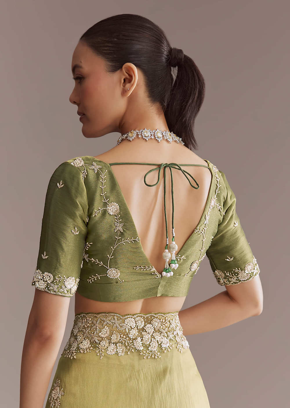 Mehendi Green Tissue Saree With Heavy Floral Embroidery