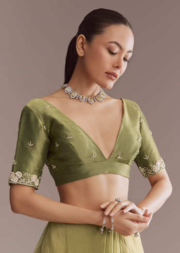 Mehendi Green Tissue Saree With Heavy Floral Embroidery