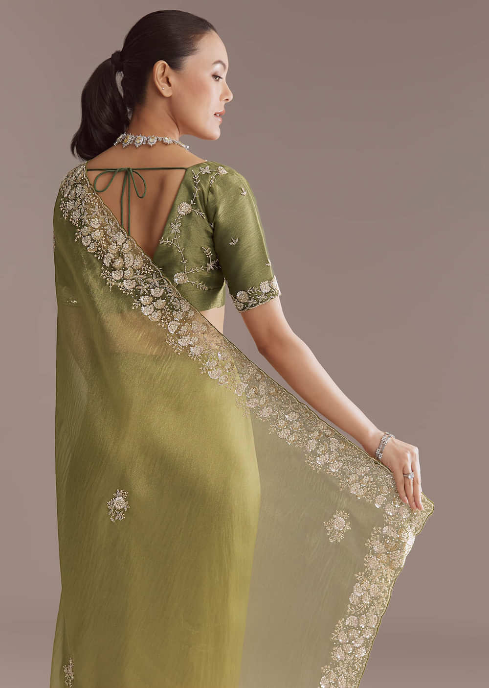 Mehendi Green Tissue Saree With Heavy Floral Embroidery