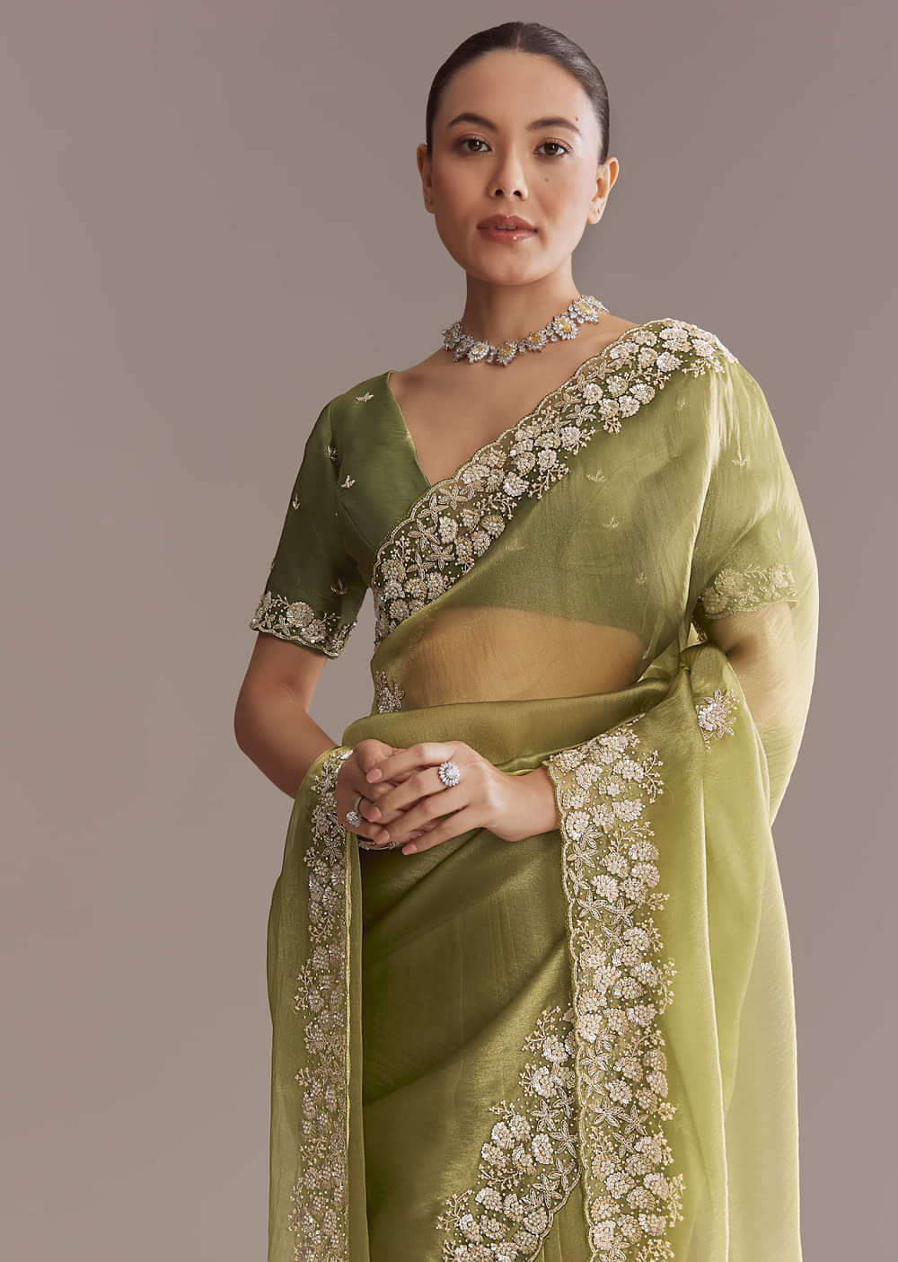 Mehendi Green Tissue Saree With Heavy Floral Embroidery